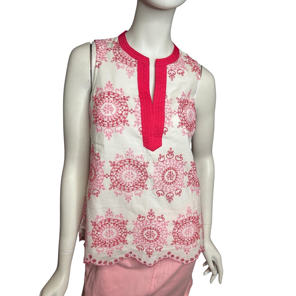 TALBOTS Embroidered Tunic Shell White Pink Medallion Sleeveless Size Petite P